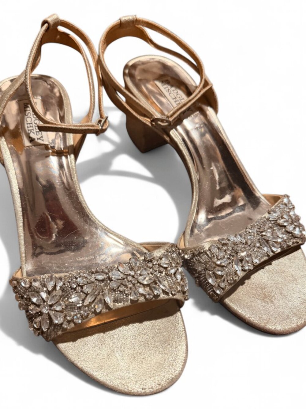 Badgley Mischka || Embellished Gold Open Toe Sandals with Ankle Strap || S